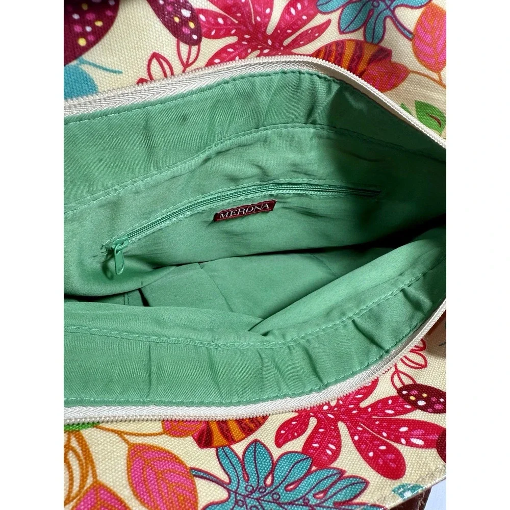 Merona Tropical Floral Straw Shoulder‎ Bag Brown Handles Leaf Charms 13x16 EUC